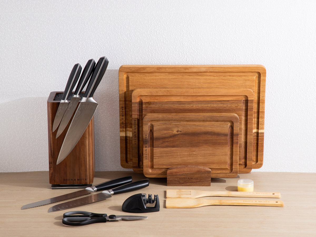 Chef's Choice Collection met losse messen, keukenschaar, messenslijper en bamboe spatels
