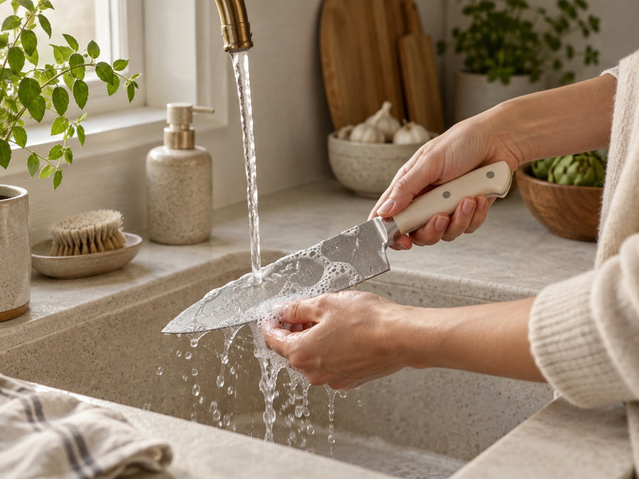Mes met de hand afwassen onder warm water